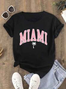 1 pieza, Camiseta de Verano 2026 con Estampado MIAMI para Mujer, Corte Holgado Casual, Suave y Cómoda, Manga Corta, Cuello Redondo, 180g, 100% Algodón - Negro - Ver 7