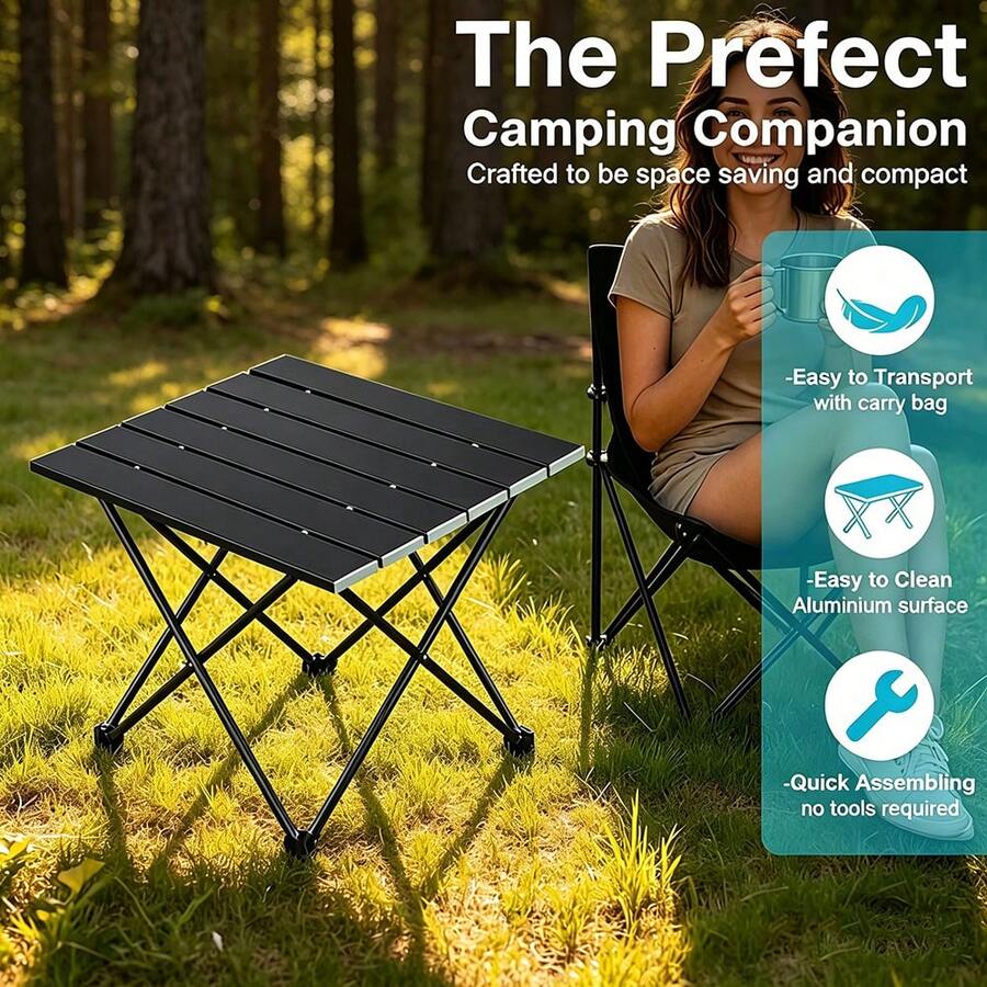 Portable Folding Camping Side Table, Multifunctional Aluminum Picnic Trestle Table With Carrying Bag, Anti-Slip Rubber Feet For Outdoor Cooking BBQ Beach Hiking Fishing Boating - Black - View 1