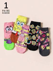 SpongeBob SquarePants 1/5/6/10/15双随机女士短袜，卡通主题元素如海星和螃蟹，吸湿透气，用途广泛 - 彩色 - 查看 19