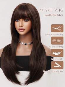 XOUJE 26 Inch Chocolate Brown Long Straight Wig With Bangs - Natural Looking Heat Resistant Synthetic Hair - Daily Wear, Party & Cosplay Fashion For Women - Brown - View 7