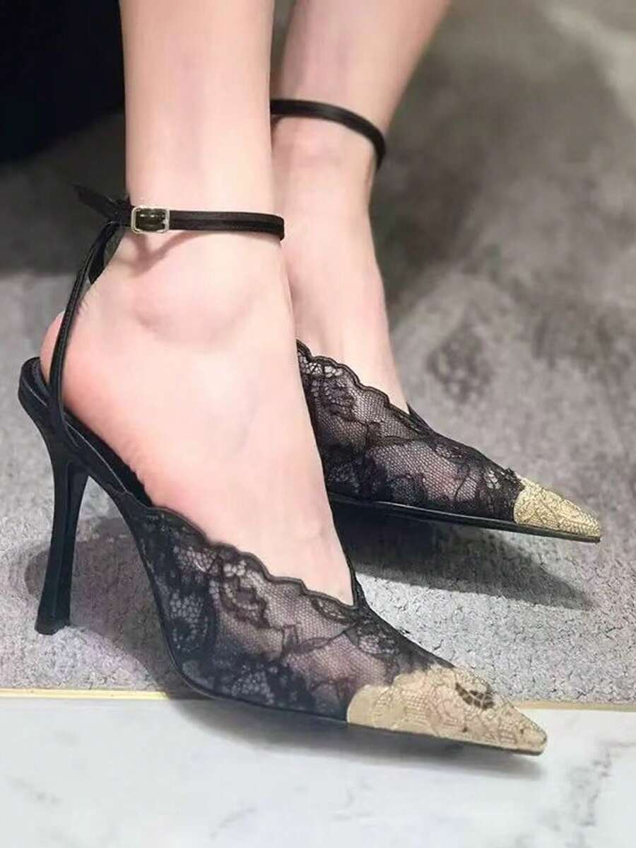 女士高跟蕾丝尖头金色拼接时尚优雅细高跟鞋,适合西式婚礼、派对等场合 - 黑色 - 查看 1