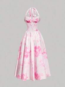 Vestido de longitud media con estampado floral y cuello de lazo para mujeres - Rosa 2 - Ver 7