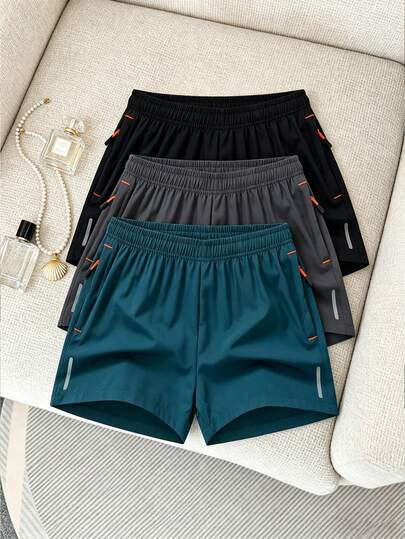 3pcs Women's Summer Sports Shorts, Breathable Lightweight High Waist Bermuda Shorts, Casual Outdoor Quick-Dry Shorts With Elastic Waistband, Drawstring, Side Zipper Pockets, Reflective Trim, Metal Zipper Pulls