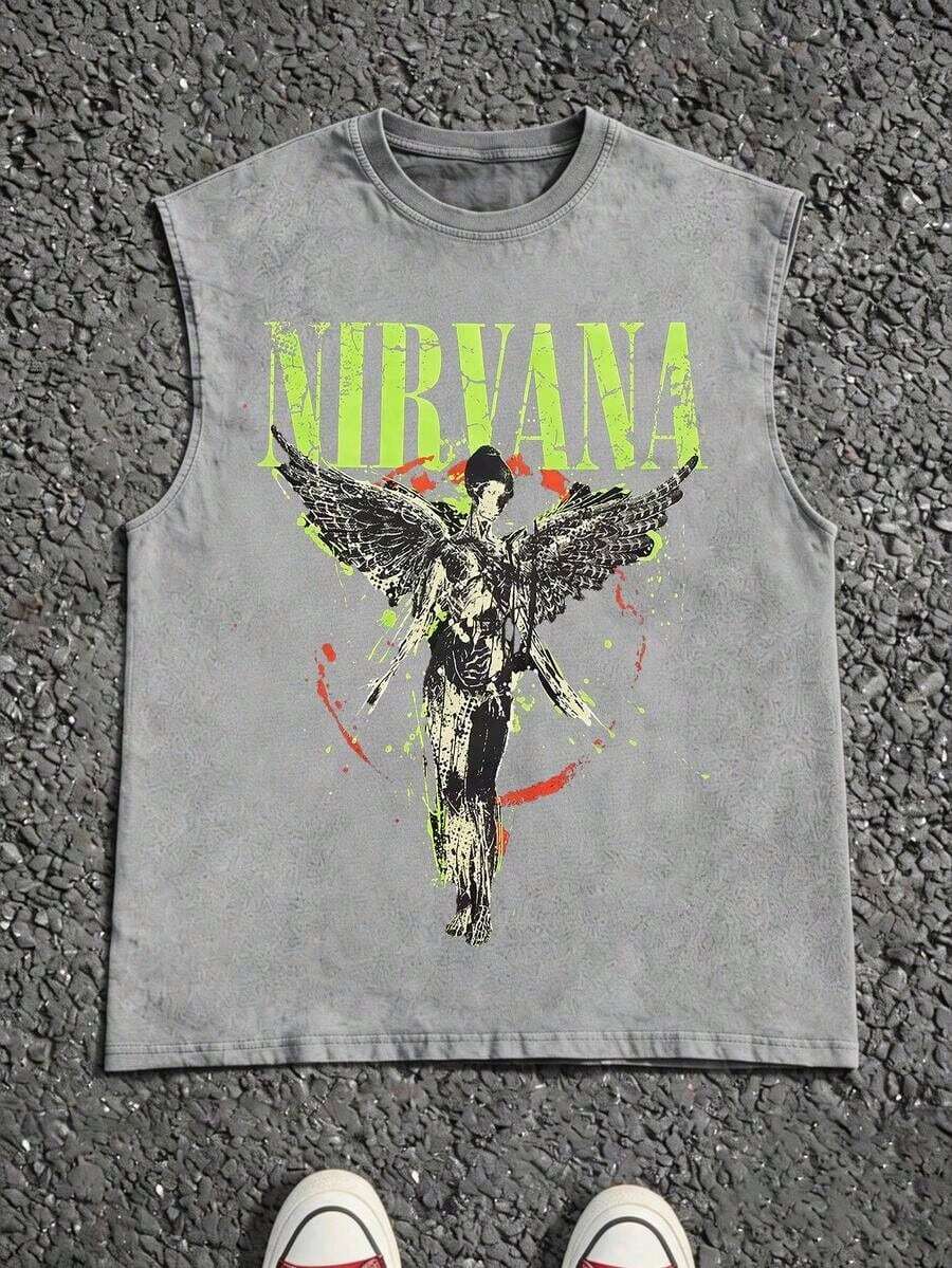 Men's Casual Crew Neck Sleeveless Washed Vest, Made Of 100% Cotton, Perfect For Summer Vacations. Features A Stylish Print And Y2K Street Style. An Excellent Gift For Boyfriends And Husbands. - 灰色 - 查看 1