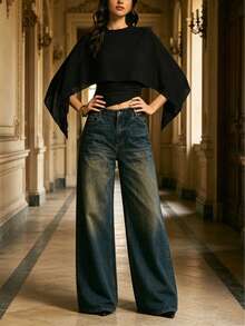 2026 Summer Women's Sexy Off-Shoulder Asymmetric Draped Sleeve Chiffon Cropped Top, Suitable For Party, Date, Vacation - Black - View 8