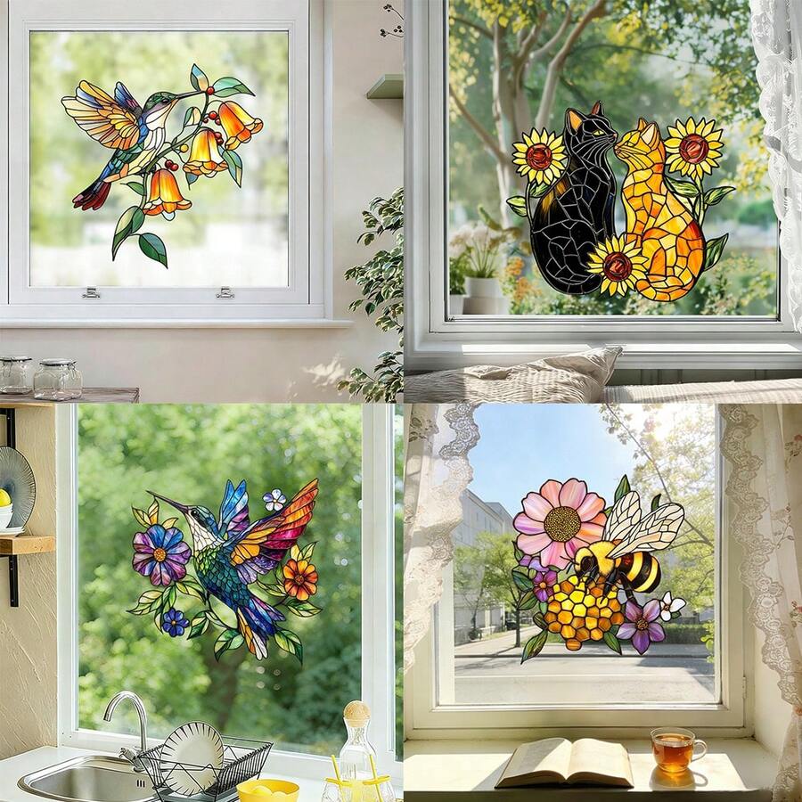 1 pieza Pegatina de ventana con estampado de flores y colibríes, adecuada para baño, sala de estar, dormitorio, balcón, decoración removible y autoadhesiva para el hogar - Pegatinas de pájaros para ventanas - Ver 1