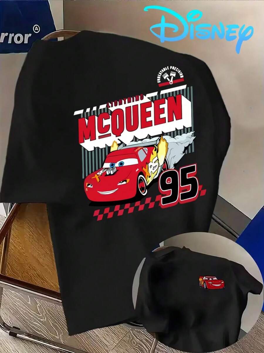 1 Piece, Disney Men's T-Shirt, Disney Printed "Car Story" Lightning McQueen Cartoon Theme Series Men's Casual Short-Sleeved T-Shirt, Round Neck Casual Comfortable T-Shirt, Breathable And Light, Suitable For Sports And Leisure Wear, Loose T-Shirt, Suitable For Gifts, Suitable For Travel And Party Wear. - màu đen - Xem 1