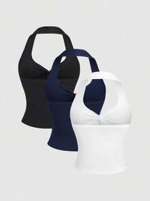 Camiseta de gasa con cuello trenzado y plisados, versátil y minimalista, estilo Y2K sexy - Multicolor - Ver 2