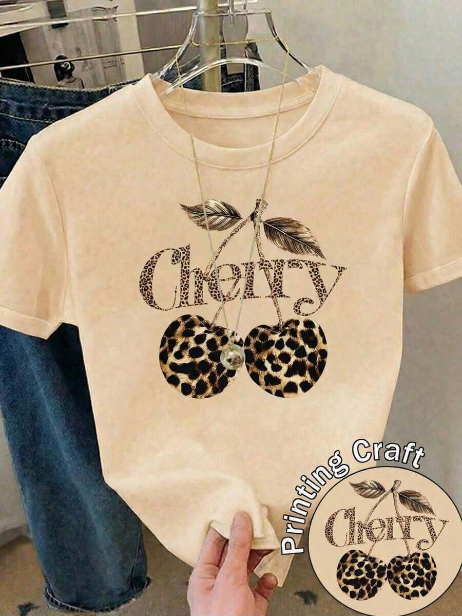 Nueva camiseta de manga corta con cuello redondo para mujeres, estación de verano, diseño de flores de cerezo con estampado de leopardo, camiseta femenina limitada de temporada, transpirable y absorbe la sudor.-Vintage Street Style Unisexoose Cotton Short Sleeve Crew Neck T-Shirt