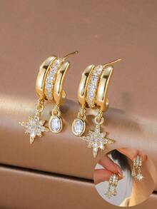 1 Pair Versatile Earrings For Women, Gold-Plated C-Shaped Octagonal Star Oval Zirconia Stone Niche Design Luxury Jewelry, Suitable For Dates, Parties, Work, And Daily Wear - Multicolor - View 6