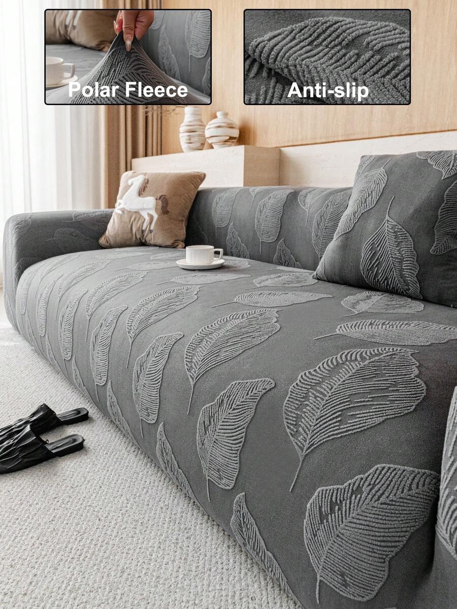 1 pieza Funda de sofá con estampado floral 3D de jacquard elástico, funda de sofá de cobertura total multifuncional, diseño de patrón geométrico de unicolor, funda protectora de sofá para decoración navideña, funda de sofá de alta elasticidad todo incluido, adecuada para todas las estaciones - Gris Oscuro - Ver 1