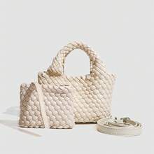 Handgeflochtenes Set aus großer und kleiner Tasche (Mutter-Kind-Tasche) – hochwertig wirkende Henkeltasche mit Kette, mini crossbody kleine Tasche, schlicht und modisch. - Schwarz - Übersicht 3