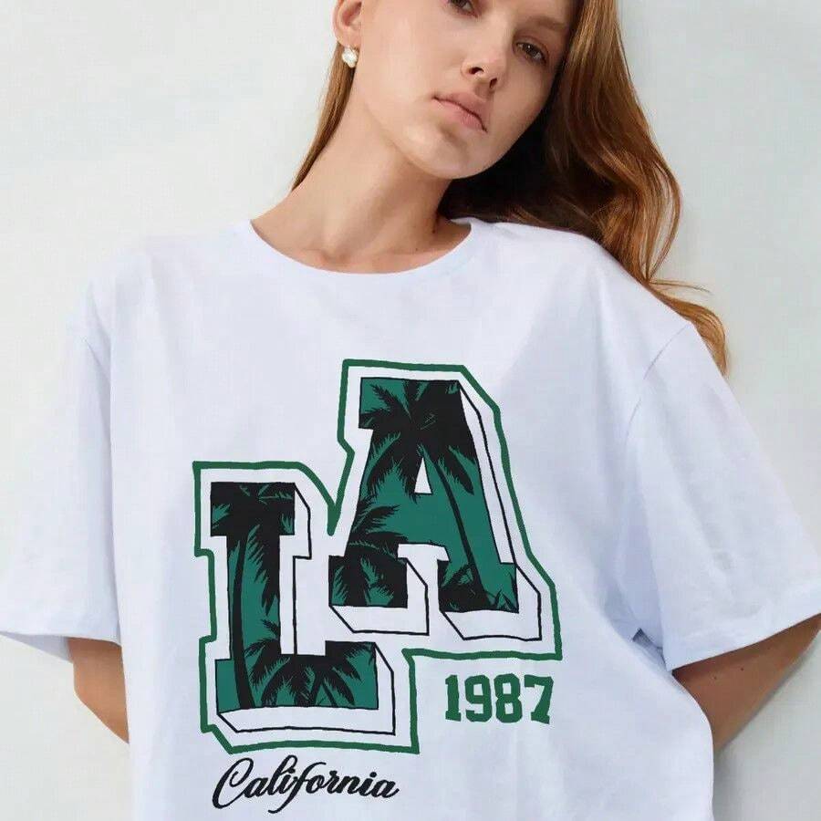 Camiseta de manga corta versátil de estilo retro europeo y americano para mujer, nueva camiseta de verano holgada con estampado estilo Hong Kong. - Negro - Ver 1