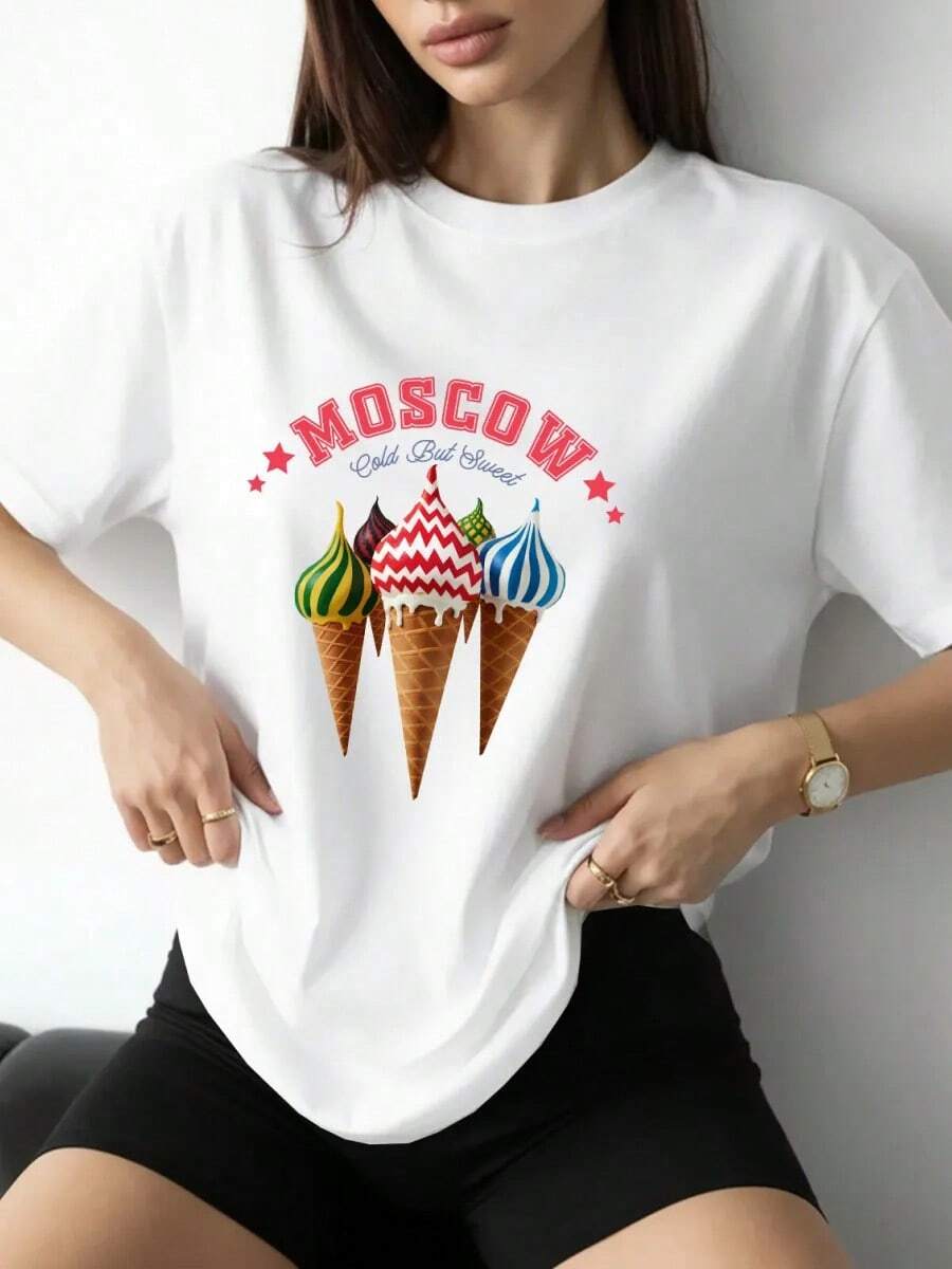 Top de verano para mujer, estilo americano, único, versátil, moderno, con estampado de helado, efecto adelgazante, de corte holgado, ideal para ir al trabajo. - Blanco - Ver 1