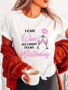 Camiseta Divertida para Mujer "Puedo Vino, Quiero Cumpleaños" - Estampado de Copa de Vino y Letras, Manga Corta y Cuello Redondo para Fiestas de Cumpleaños, Eventos de Bebida y Uso Casual - Camiseta Cómoda y Semi-Transparente - [Blanco] - Ver 1