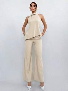 Conjunto de top halter y pantalones de color café claro, estilo sencillo para ir al trabajo - Beis - Ver 5