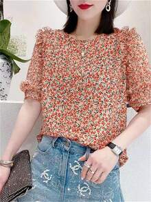 Blusa informal de verano para mujer, Top estampado con cuello de pajarita de manga corta, camisa estilo señora, blusa de verano a la moda - Azul - Ver 2