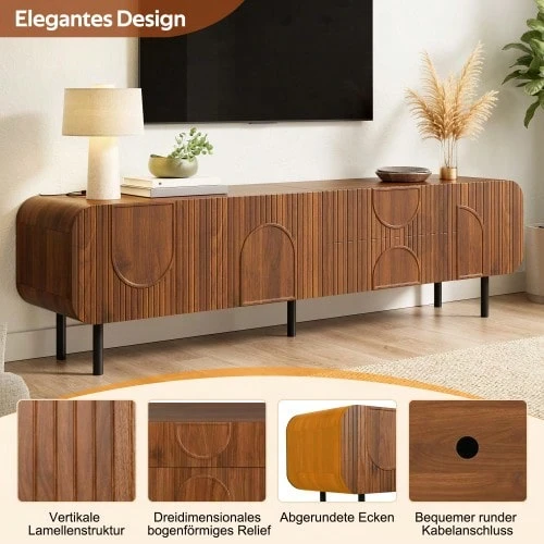 TV Cabinet With 3 Doors, 2 Drawers, Vertical Grooves, Arched Reliefs, Rounded Corners, Metal Legs, Mid-Century Style, Cable Management, Living Room Cabinet, TV Table - 核桃 - 查看 1
