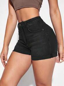 Shorts vaqueros casuales con bolsillos y puños para mujer - Negro - Ver 5