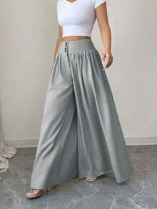 Nuevos pantalones anchos de mujer de estilo casual y elegante con diseño de hebilla floral, pantalones largos de lino de color caqui adecuados para primavera/verano, Acción de Gracias, Halloween, pantalones anchos y sueltos versátiles, pantalones palazzo, pantalones anchos negros, pantalones casuales de mujer - Gris - Ver 4
