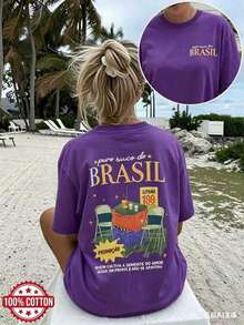 [Double-Sided Print] Women's Summer Clothes, Women's Casual T-Shirt, Vintage Style, Printed With The Phrase "Puro Suco Do BRASIL", Short Sleeve, Round Neck, Pure Cotton, Plus Size, Drop Shoulder T-Shirt [LangK] - 紫色 - 查看 4