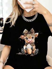 1 pcsCamiseta de Amantes del Café con Estampado de Leopardo de Vaca de las Tierras Altas - Camisetas Gráficas Casuales de Moda para Mujeres - Camisetas de Uso Diario180g 100% Cotton - Negro - Ver 1