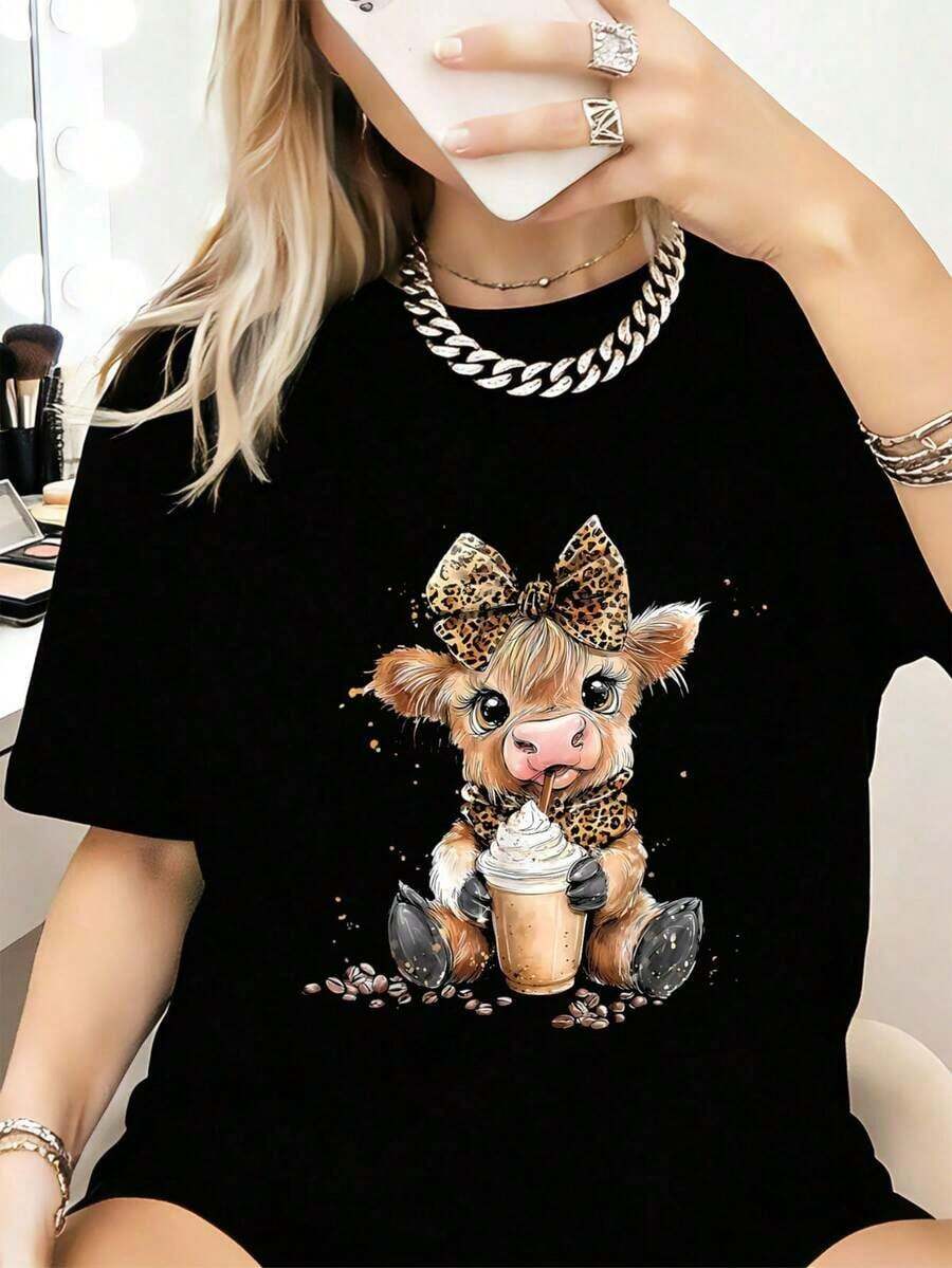 1 pcsCamiseta de Amantes del Café con Estampado de Leopardo de Vaca de las Tierras Altas - Camisetas Gráficas Casuales de Moda para Mujeres - Camisetas de Uso Diario180g 100% Cotton - Negro - Ver 1