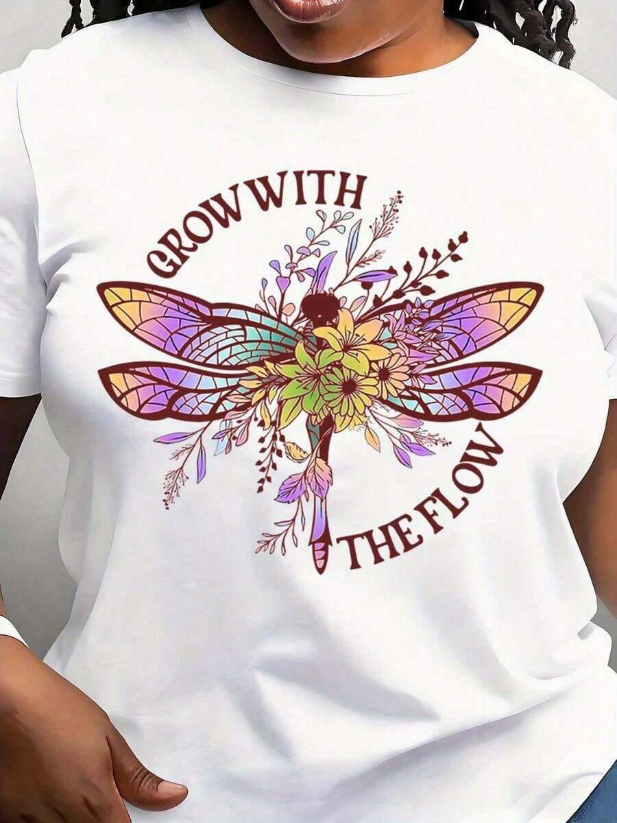 Elegant Women's T-Shirt With Butterfly Print - Soft, Round Neck, Short Sleeve, Machine Washable - White With Sparkling Dragonfly Design, Suitable For Casual And Leisure Wear, Letter Print T-Shirt, Short Sleeve T-Shirt, Letter Print T-Shirt, Regular Round Neck. Maija, Elegant Short-Sleeved Blouse For Women. - 白色 - 查看 1
