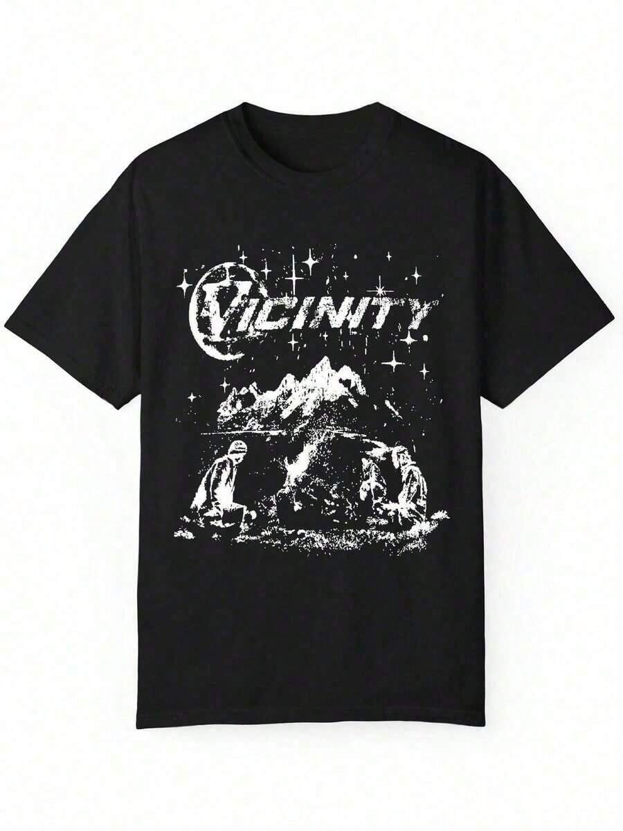 Camiseta Casual de Algodón para Hombre DERNM - Manga Corta de Verano, Cuello Redondo con Estampado de Montaña, Lavable a Máquina - Negro - Ver 1