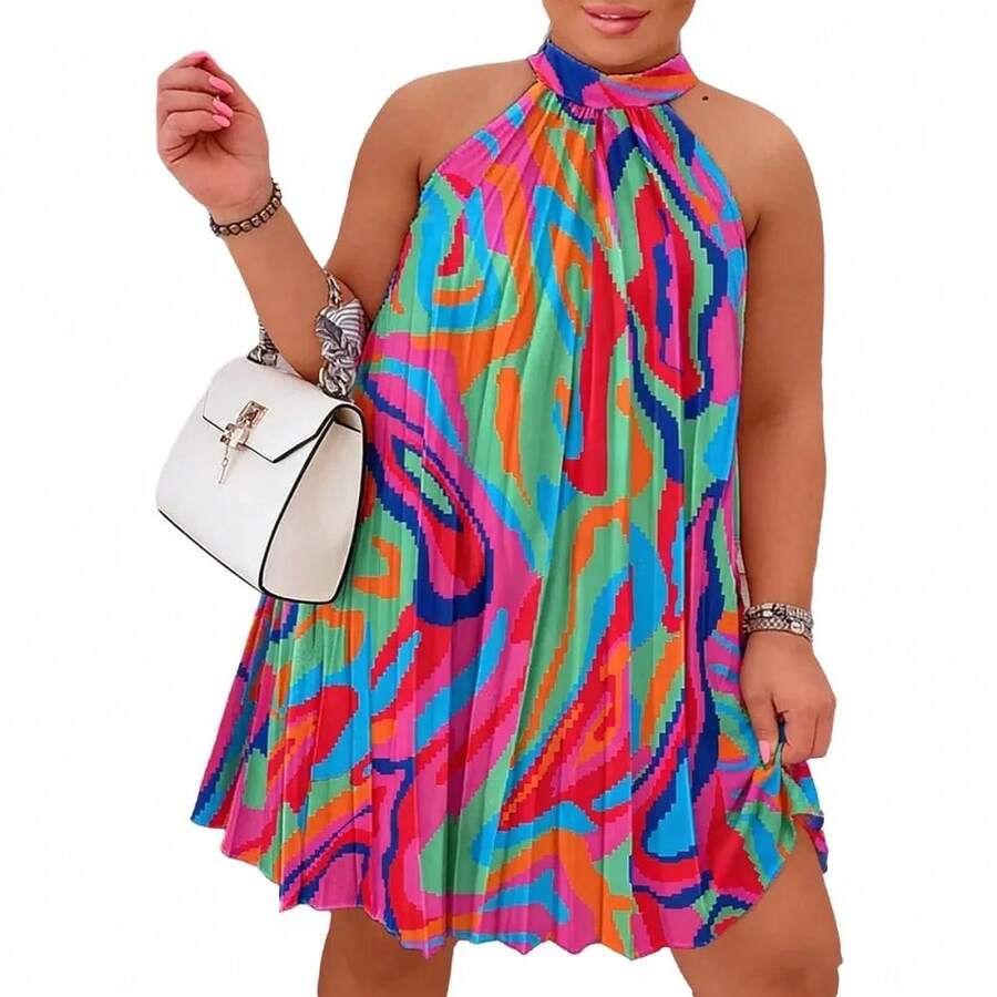 Vestido de talla grande para mujer, cuello halter, sin mangas, estampado abstracto en espiral, minivestido holgado, vibrante, ligero, para primavera, verano, playa - múltiple - Ver 1