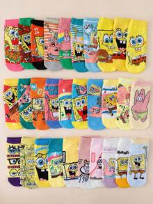 SpongeBob SquarePants 3/6/10双装随机印花短袜，可爱卡通休闲中筒袜，透气低帮袜，男女皆宜 - 彩色 - 查看 3
