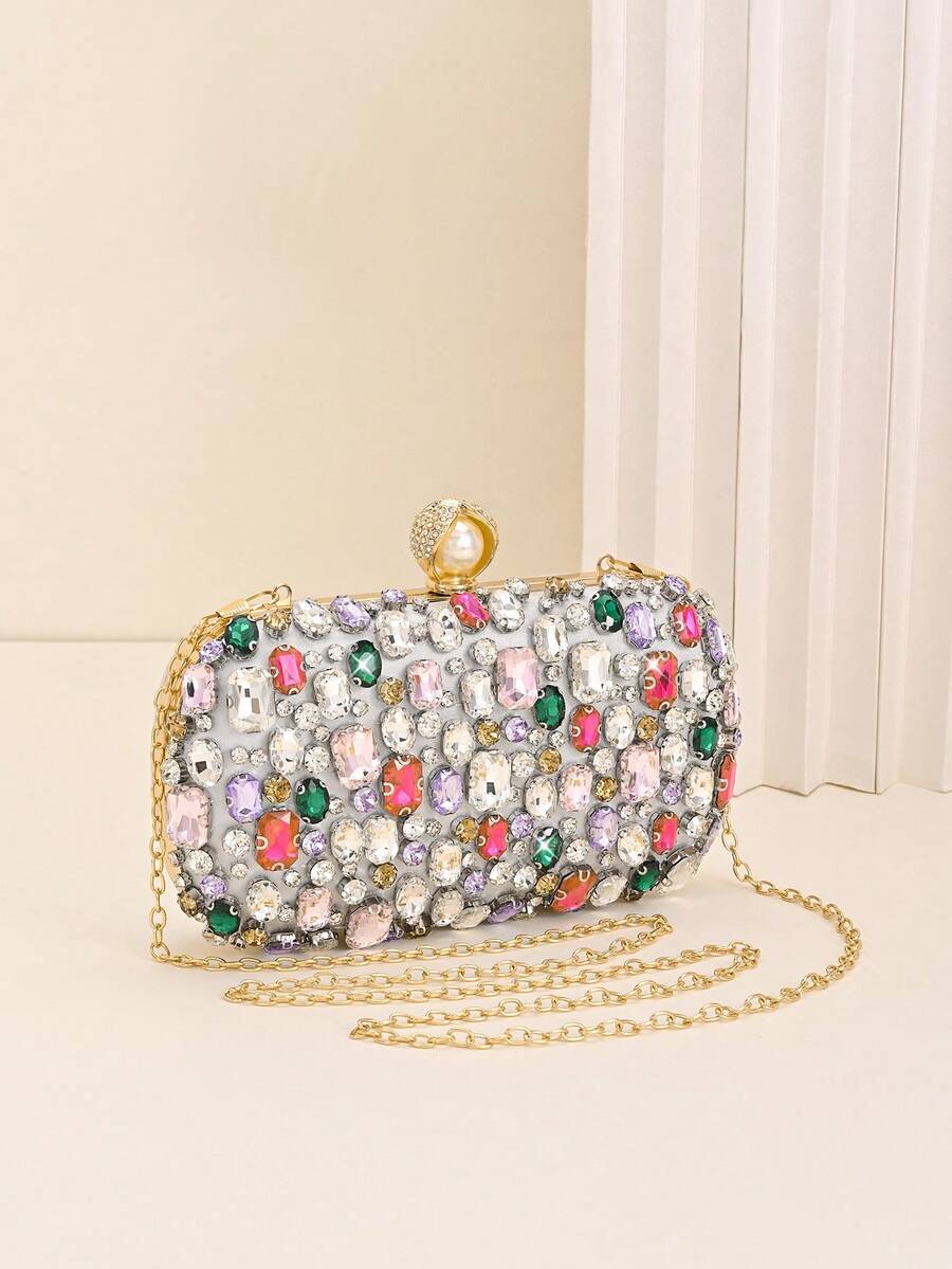  Women's Colorful Crystal Clutch Purse - Handmade Rhinestone Embellished Evening Bag With Detachable Chain, Formal Party Handbag For Wedding Prom Cocktail,Colorful Rhinestone Clutch Bag For Women Luxury Crystal Evening Bag With Chain Wedding Party Prom Handbag For Wedding Prom Party Formal Occasions - Silver - View 1