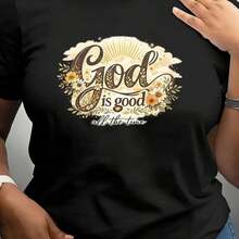 Camiseta ClassicFlower GOD Is Good para Mujer, Manga Corta, Texto Estilo Manuscrito, Casual y Cómoda, Adecuada para Uso Diario, Día del Padre, Resistente a la Decoloración, Para Mujeres, Ropa de Viaje, Estilo Vintage, Camiseta Casual de Verano para Fin de Semana - Negro - Ver 1
