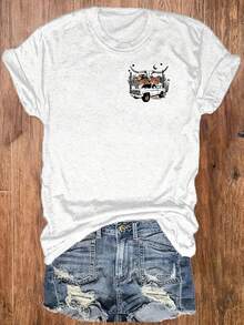 Women's T-Shirt With Western Cowboy Slogan Print, Comfortable And Breathable, Pure Cotton, Short Sleeve, Round Neck, Loose Fit, Casual Urban Style, Soft White T-Shirt With Desert Cactus And Longhorn Graphics For Everyday Wear - 白色 - 查看 3