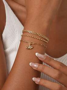 Set Gelang Wanita 3 Buah, Gaya Pantai Musim Panas Bohemian, Termasuk Rantai Dasar Berlapis Emas, Rantai Curb, Rantai Manik-Manik, Rantai Paperclip, Liontin Gurita Zirkonia Tembaga, Gelang Tumpuk Berlapis-lapis, Hadiah Perhiasan Seri Lautan - Yellow Gold - View 2