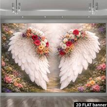 Fondo de escenario con alas de ángel, flores silvestres y sendero rural en estilo natural fresco, de material de poliéster duradero, sin instalación requerida, adecuado para ceremonias conmemorativas al aire libre y eventos rústicos - 28 - Ver 3