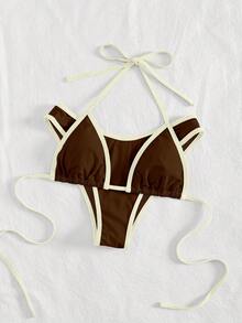 PEPPERMOLLY Bộ bikini màu trơn mới, chất liệu mềm mại, buộc dây cổ, gợi cảm, đồ bơi thời trang dành cho nữ, thích hợp cho kỳ nghỉ hè ở bãi biển. - Bánh bao gạo - Xem 3