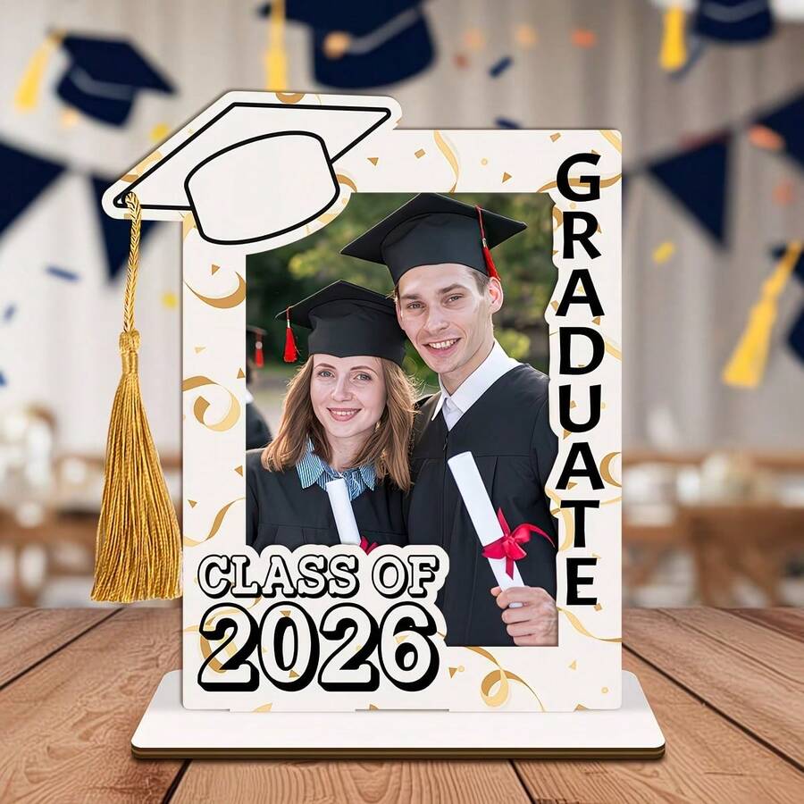 Boho Style Polished Wooden Graduation Photo Frame With Tassel Decor And Mortarboard Design - Vertical Desktop Frame, Suitable For 2026 Graduation Certificate Display, Graduation Cap Decoration Gift, Graduation Party Decor, Random Tassel - A - View 1