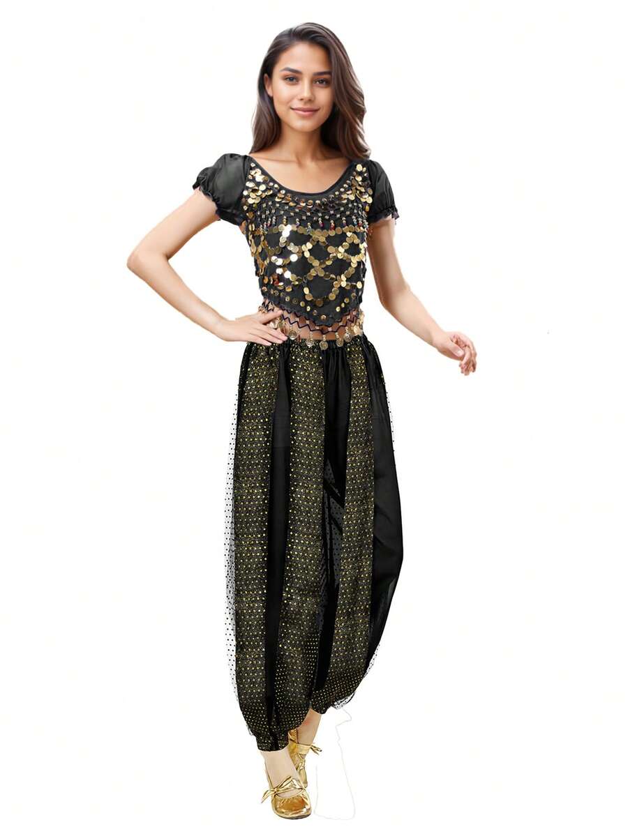 Bohemian Coin-Draped Chiffon Crop Top & Sparkle Harem Pants, Handmade-Style Belly Dance Outfit For Festivals, Renaissance Faires, And Exotic Themed Events (Multiple Colors Available) - Multicolor - View 1