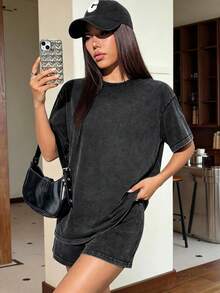Conjunto de verano para talla pequeña, versátil camiseta de manga corta con estilo retro, diseño casual y cómodo, apto para uso diario en color negro - Negro - Ver 7