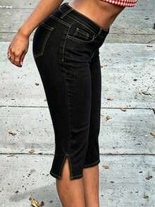 Mid-Waist Retro Stretch Split Hem 3/4 Slim Fit Denim Capri Shorts, Khaki, Suitable For Summer Spring Casual Outings And Dates - Black - View 2