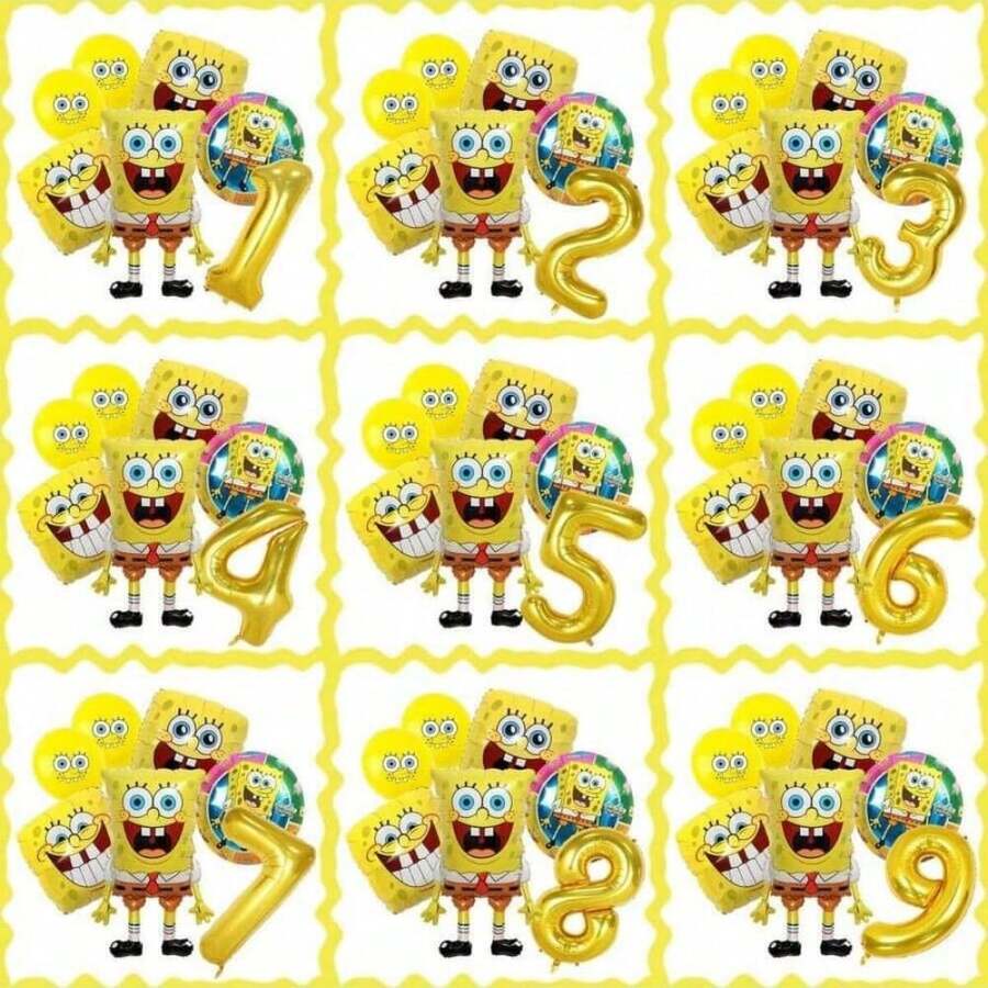 SpongeBob SquarePants Globos de números dorados del 1 al 9, personalizables, con globos con caras y redondos, adecuados para decoración de fiestas - Juego de globos de dibujos animados - Ver 1