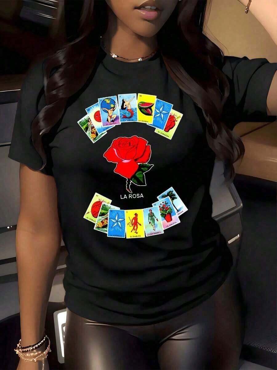 Loteria Rose Graphic Print T-Shirt, Illustration, Women's Casual Crew Neck T-Shirt, Vintage Streetwear Style, Mexican Bingo Card Design, Free Shipping. - 黑色 - 查看 1