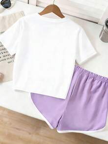2pcs Tween Girls' Casual Fashionable Colorful K-POP Girl Group Letter & Star Print Set, Includes Crew Neck Tee And Shorts, Cream White, Fan Gift, Stylish Girls Inspired, Matching Sister Outfit, Suitable For Holiday, Party, Daily Wear, Concert - 白色 - 查看 2