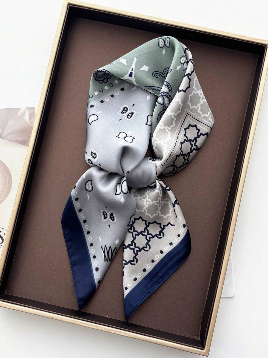 Women's Spring Summer Flower Print Square Scarf Imitation Silk Shawl Neck Protection Bib Professional Scarf Warm Suitable For Daily Use - Blue - View 1