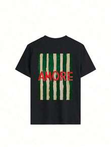 Nueva Camiseta de Verano Simple y a la Moda con Estampado de Letras Inglesas y Rayas, Cuello Redondo, Manga Corta, Versátil y Adecuada para Mujeres - Negro - Ver 3