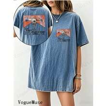 Unisex Washed Distressed T-Shirt Cotton Blend Casual Oversized Tee. Women'S Vintage 192s Retro Skull & 9'S Country Graphic T-Shirt - Double-Sided - 藍色 - 查看 10