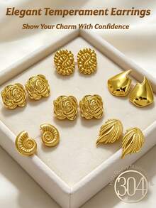 Gold-Plated Lady's Declaration Earrings, A Fashionable And Elegant Set Of Lady's Earrings, Including Flower Earrings, Conch Earrings, Asymmetrical Wave Earrings, Asymmetrical Ring-Shaped Earrings, Rectangular Pleated Earrings And Other Geometric-Shaped Earrings, With Unique Texture Design, Thick Gold-Plated Thick Gold Declaration Earrings - Earring Set - View 3