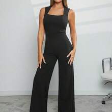 Haute Women's Solid Square Neck Sleeveless Wide Leg Jumpsuit - Negro - Ver 6