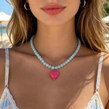 1pc Acrylic Candy Color Beaded Necklace With Heart Pendant, Fashionable Ins Style Choker Necklace For Women - Beaded Heart Necklace - View 10